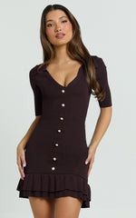 Mischa Mini Dress - Collared Short Sleeve Fit And Flare Knitted Dress in Dark Chocolate