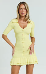 Mischa Mini Dress - Collared Short Sleeve Fit And Flare Knitted Dress in Lemon