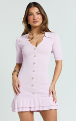 Mischa Mini Dress - Collared Short Sleeve Fit And Flare Knitted Dress in Pink