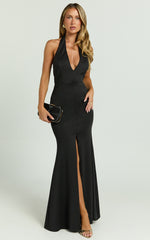 Moana Maxi Dress - Halter Plunge Front Split Dress in Black
