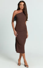 Monette Midi Dress - One Shoulder Straight Dress in Chocolate