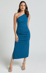 Monette Midi Dress - One Shoulder Straight Dress in Teal
