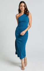 Monette Midi Dress - One Shoulder Straight Dress in Teal