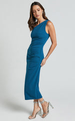 Monette Midi Dress - One Shoulder Straight Dress in Teal
