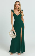 More Than This Maxi Dress - Ruffle Strap Thigh Split Dress in Emerald