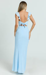 More Than This Maxi Dress - Ruffle Strap Thigh Split Dress in Light Blue