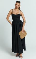 Morris Midi Dress - Linen Scoop Neck Gathered Dress in Black