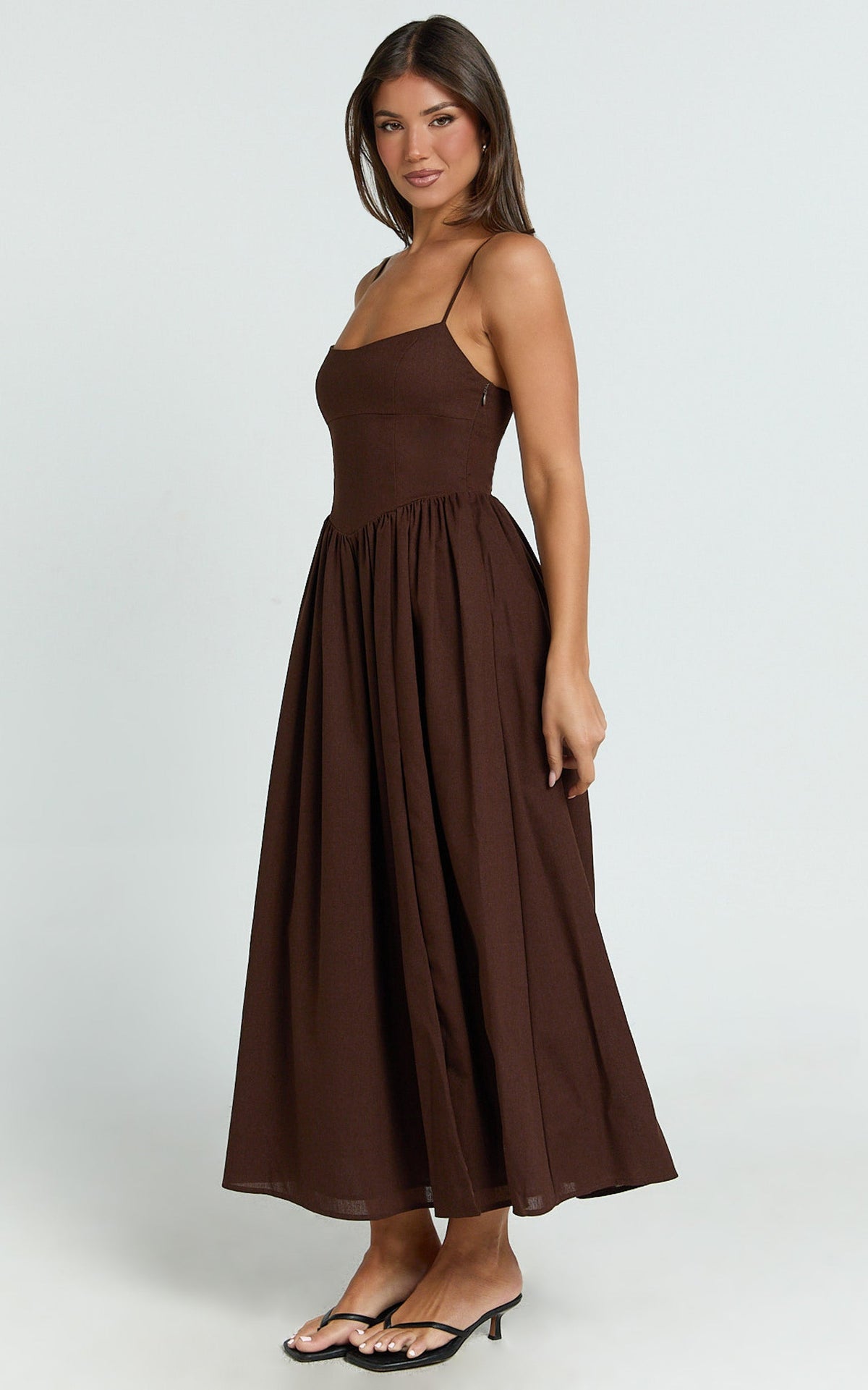 Morris Midi Dress - Linen Scoop Neck Gathered Dress in Chocolate