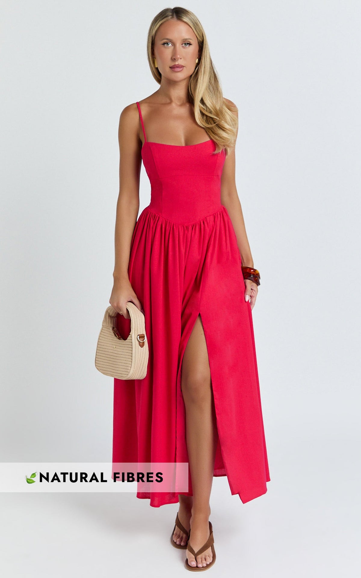 Morris Midi Dress - Linen Scoop Neck Gathered Dress in Red