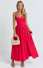 Morris Midi Dress - Linen Scoop Neck Gathered Dress in Red