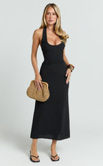 Murray Midi Dress - Deep U Halter Neck Dress in Black