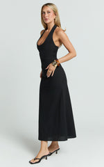 Murray Midi Dress - Deep U Halter Neck Dress in Black