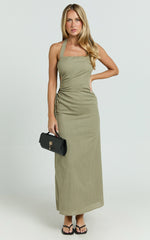 Myra Maxi Dress - Halter Ruched Side Dress in Olive