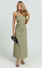 Myra Maxi Dress - Halter Ruched Side Dress in Olive