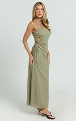 Myra Maxi Dress - Halter Ruched Side Dress in Olive