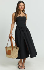 Myrtle Midi Dress - Straight Neck Curved Drop Waist Gathered Full Skirt Dress in Black