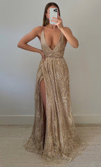 New York Nights Maxi Dress - Sequin Plunge Cross Back Dress in Gold