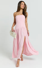 Nadiane Maxi Dress - Strapless Asymmetric Drop Waist Dress in Pink