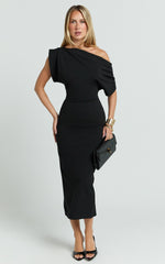 Nalfie Midi Dress - Tipped Shoulder Jersey Drape Dress in Black
