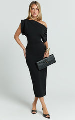 Nalfie Midi Dress - Tipped Shoulder Jersey Drape Dress in Black