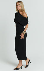 Nalfie Midi Dress - Tipped Shoulder Jersey Drape Dress in Black