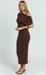 Nalfie Midi Dress - Tipped Shoulder Jersey Drape Dress in Chocolate