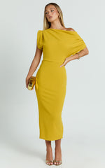 Nalfie Midi Dress - Tipped Shoulder Jersey Drape Dress in Mustard