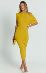Nalfie Midi Dress - Tipped Shoulder Jersey Drape Dress in Mustard