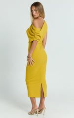 Nalfie Midi Dress - Tipped Shoulder Jersey Drape Dress in Mustard
