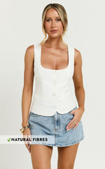 Nalfie Top - Linen Wide Scoop Neck Fitted Vest Top in White