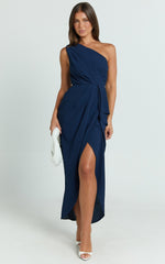 Namaari Midi Dress - Faux Wrap One Shoulder Dress in Navy