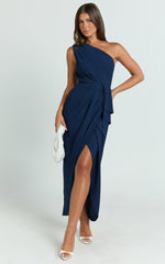 Namaari Midi Dress - Faux Wrap One Shoulder Dress in Navy