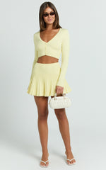 Naomi Two Piece Set - Contrast Knit Button Up Long Sleeve And Pleated Mini Skirt in Lemon