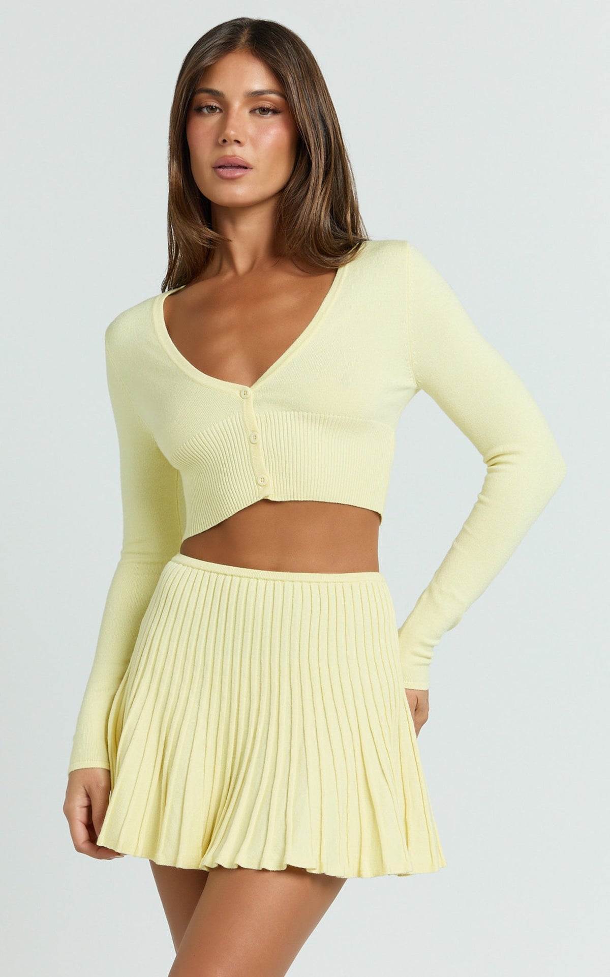 Naomi Two Piece Set - Contrast Knit Button Up Long Sleeve And Pleated Mini Skirt in Lemon