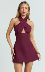 Narcisa Mini Dress - Twist Neck Keyhole A Line Dress in Wine