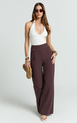 Narcisa Pants - Linen Look High Waist Bootleg Pants in Chocolate