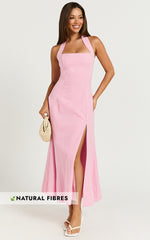 Narissa Midi Dress - Halter A Line Dress in Pink Gingham