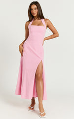 Narissa Midi Dress - Halter A Line Dress in Pink Gingham