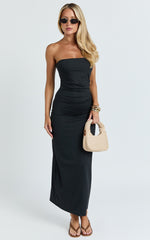 Natasha Midi Dress - Strapless Ruched Column Dress in Black