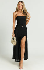 Nathaly Midi Dress - Drop Waist Dress with Gold Detail in Black