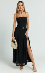 Nathaly Midi Dress - Drop Waist Dress with Gold Detail in Black