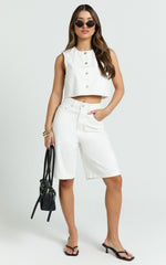 Nathan Shorts - Denim High Waist Bermuda Shorts in White