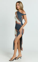Nenita Midi Dress - One Shoulder Mesh Dress in Rust Print