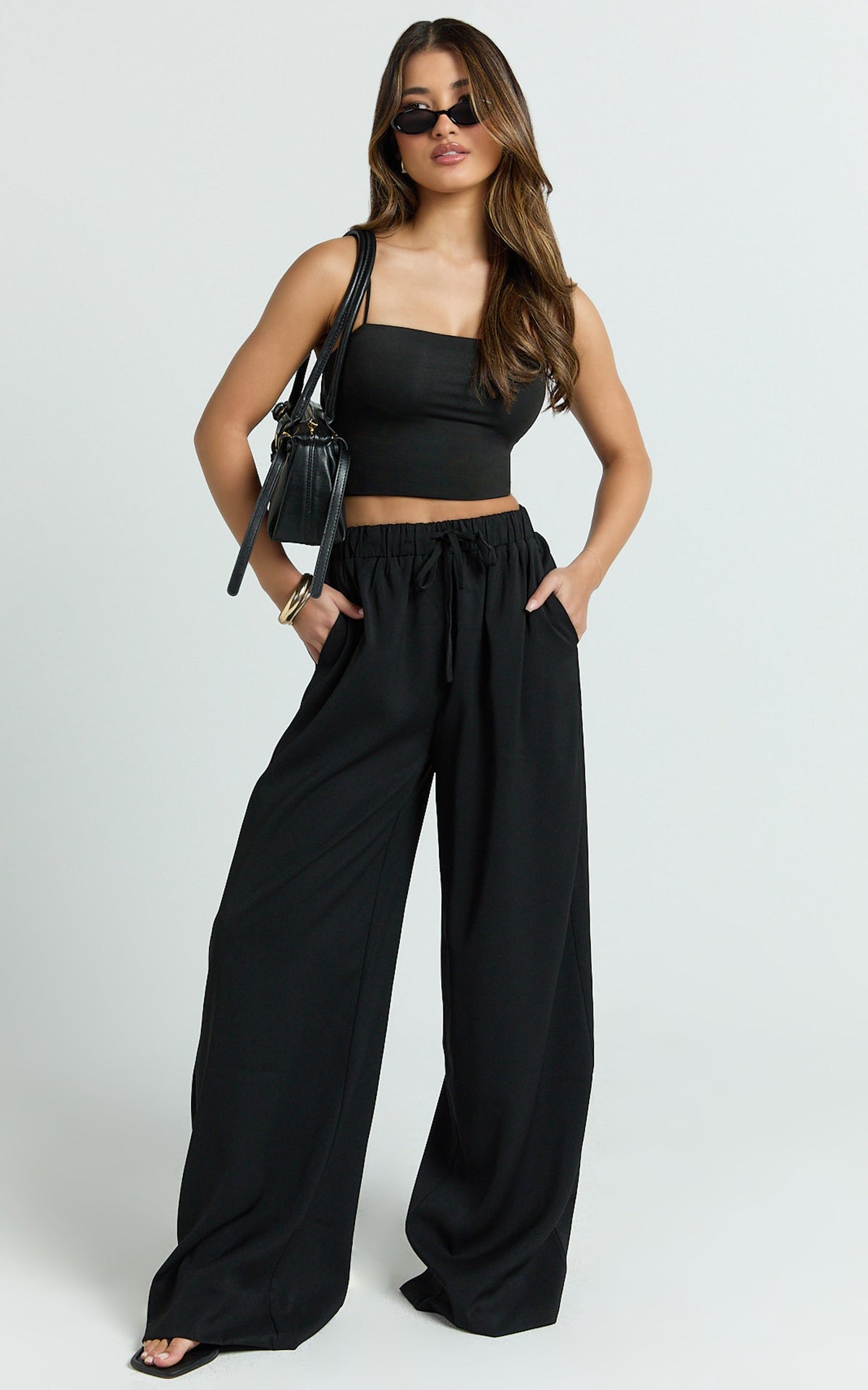 Nicole Pants - High Waist Elasticated Gathered Waist Wide Leg Pants in Black