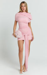 Nicolette Mini Dress - Ruched Short Sleeve Bodycon Dress in Blush