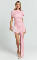 Nicolette Mini Dress - Ruched Short Sleeve Bodycon Dress in Blush