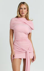 Nicolette Mini Dress - Ruched Short Sleeve Bodycon Dress in Blush