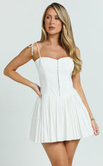 Nicolette Mini Dress - Square Neck Strappy Tie Shoulder Drop Waist Pleated Skirt Dress in Off White