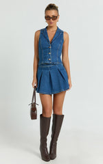 Nikita Top - Button Down Denim Vest Top in Dark Blue Wash