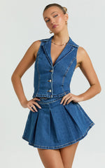 Nikita Top - Button Down Denim Vest Top in Dark Blue Wash